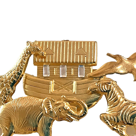 Noahs Ark 3" Brooch Pin Gold Tone Crystals Christian Religious Animals Bible NEW - Picture 5 of 5